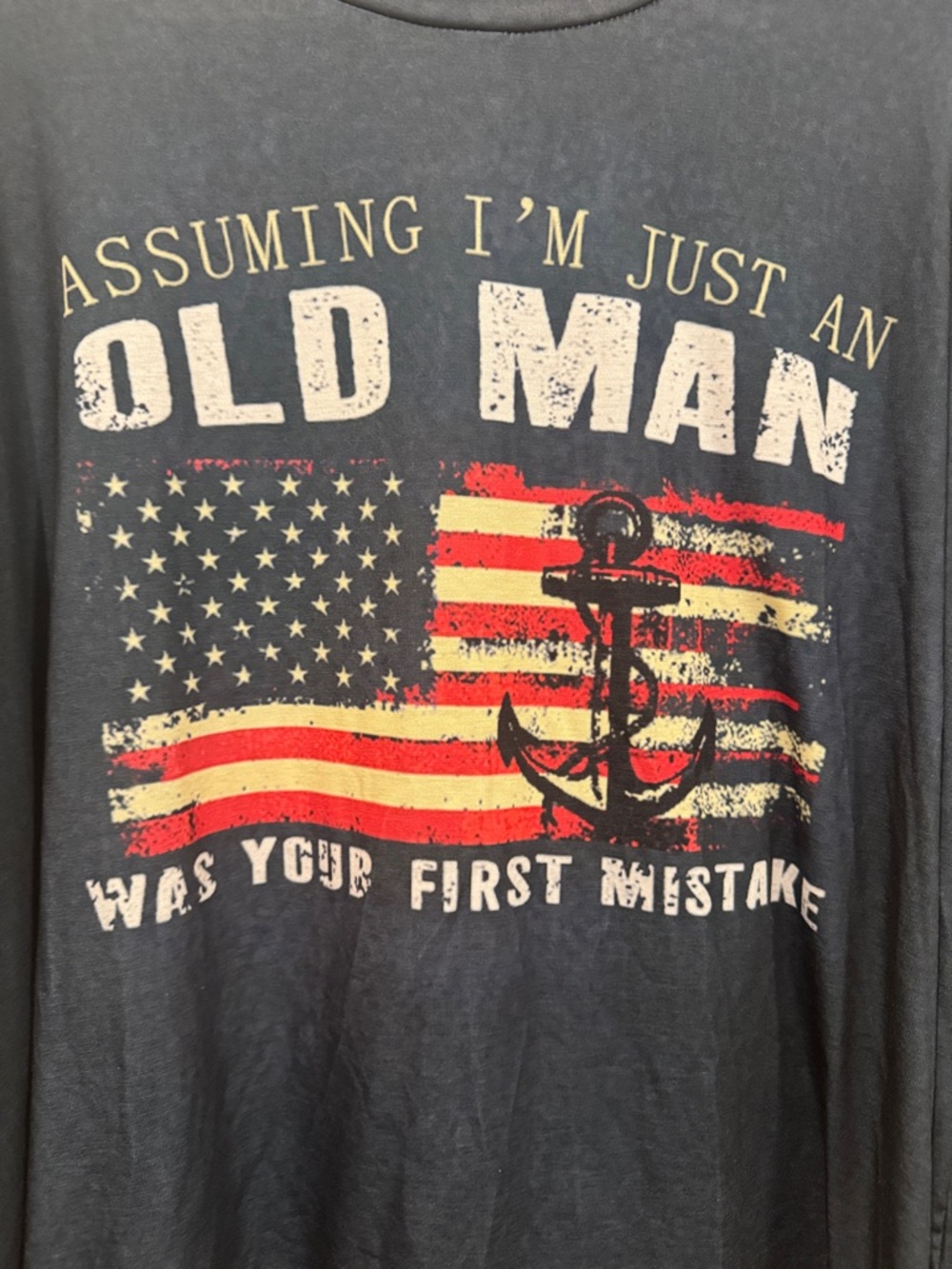 Old Man Graphic Tee - Navy with Red & White Flag Design